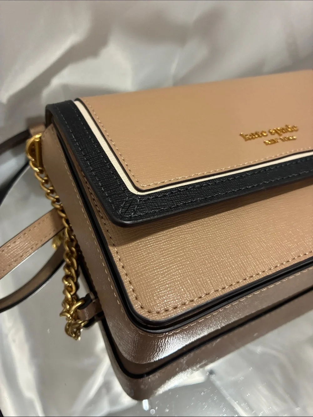 kate spade Taupe Crossbody with Black Trim and Gold Chain NWOT